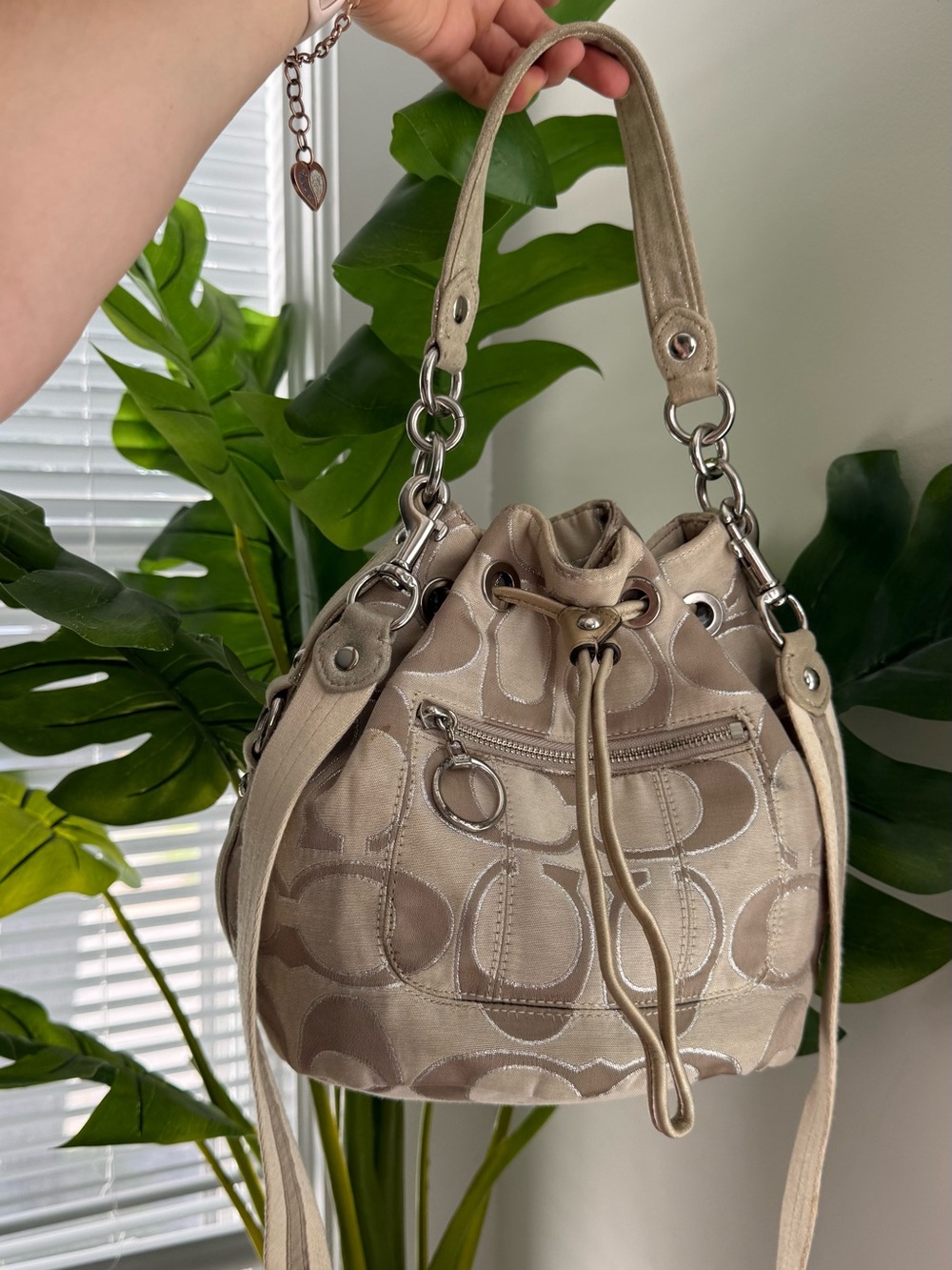 Coach Beige Signature Drawstring Shoulder Bag